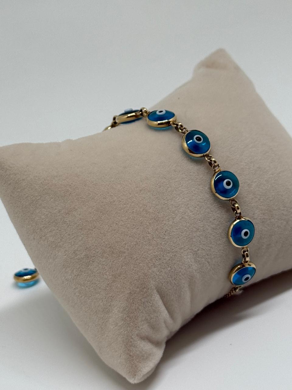 PULSERA AJUSTABLE OJO TURCO CELESTE 14K 5G